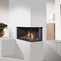 Wanders Danta 1100 hoek in witte woonkamer, moderne hoekhaard met vlammen