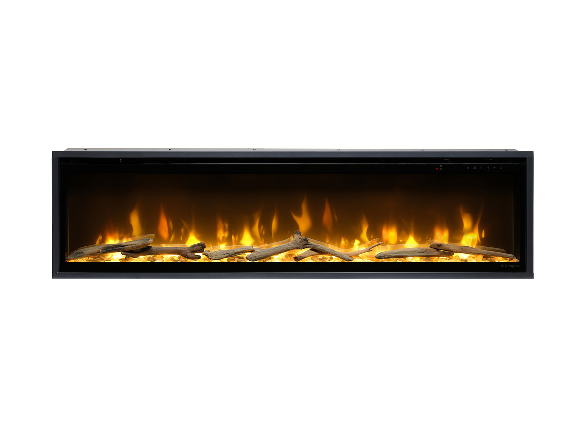 Dimplex Ignite Evolve 60 met vlammen en houtblokken op witte achtergrond