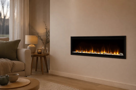 Dimplex Ignite XL 50 inch in moderne woonkamer, ingebouwd in wand