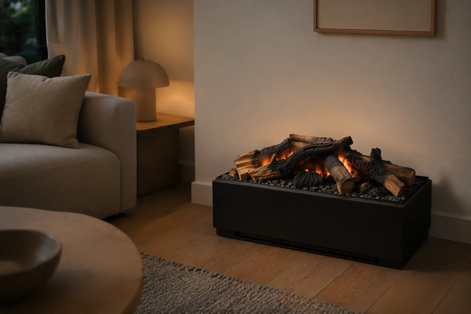 Dimplex Juneau Multi Colour XL in woonkamer met gloeiende houtblokken