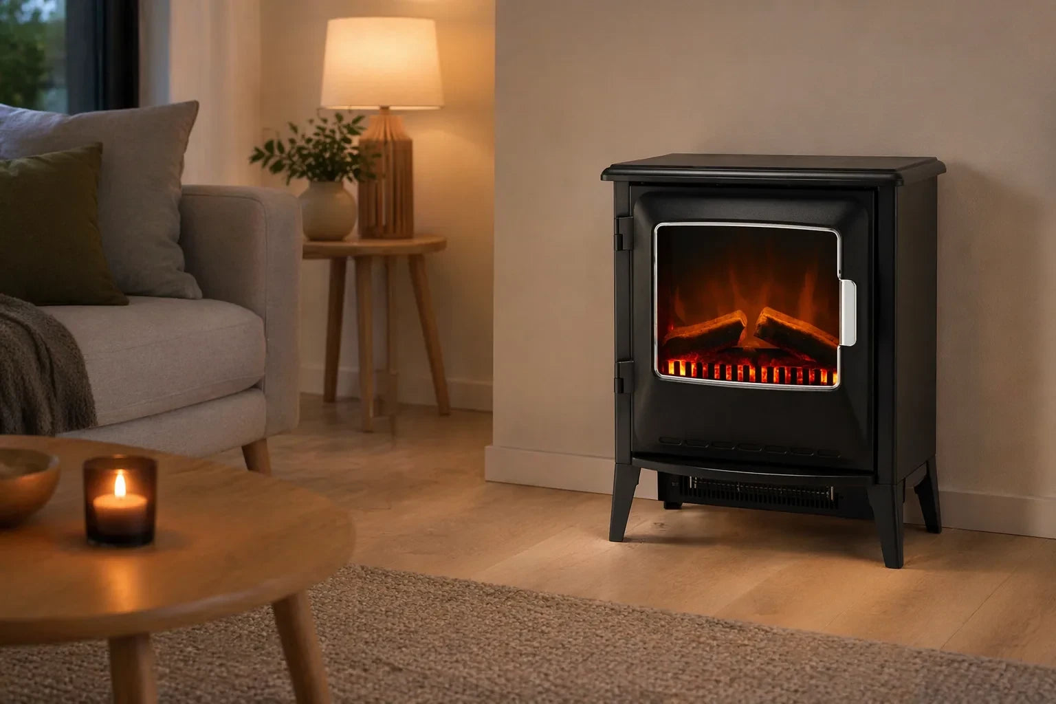 Dimplex Lucia elektrische haard in gezellige woonkamer met brandend vlameffect