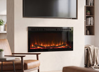 Dimplex Sense 50 wandhaard met verlicht vlammenspel in een ingerichte woonkamer