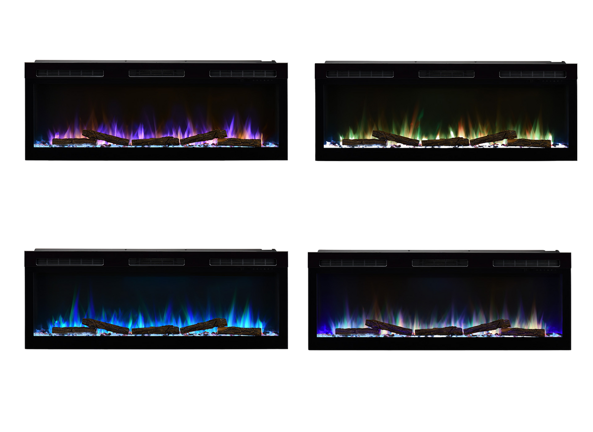 Dimplex Sense 50 elektrische haard met houtblokken en vier verschillende vlamkleuren op witte achtergrond