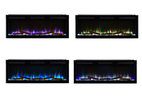 Dimplex Sense 50 elektrische haard met houtblokken en vier verschillende vlamkleuren op witte achtergrond