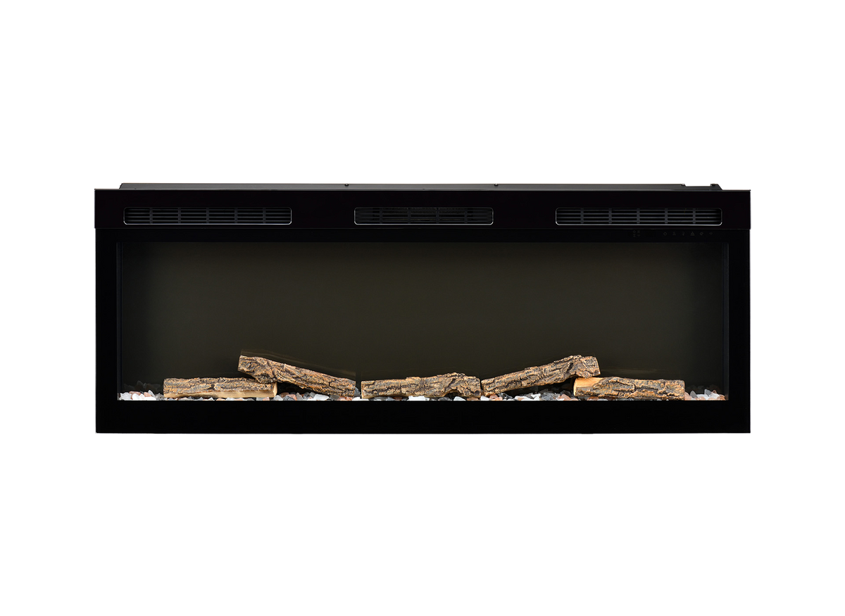 Dimplex Sense 50 zwarte inbouwhaard met decoratieve houtblokken op witte achtergrond