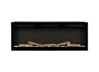 Dimplex Sense 50 zwarte inbouwhaard met decoratieve houtblokken op witte achtergrond
