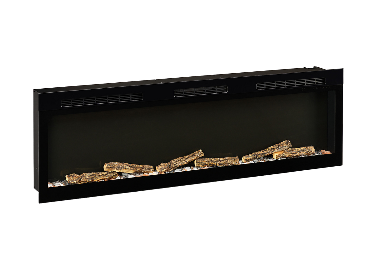 Dimplex Sense 60 elektrische inbouwhaard met decoratieve houtblokken op witte achtergrond