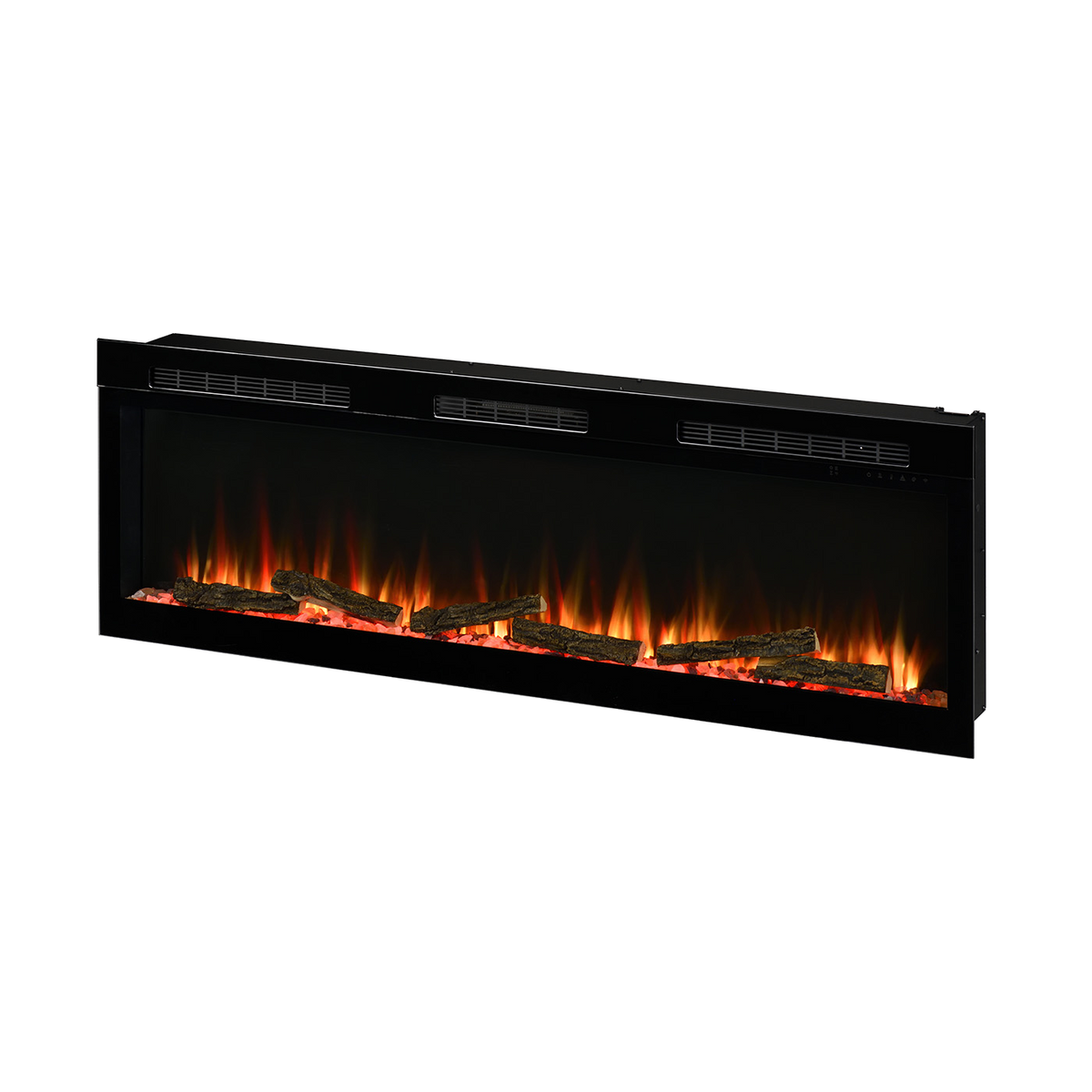 Dimplex Sense 60 elektrische haard met vlameffect en houtblokken op witte achtergrond