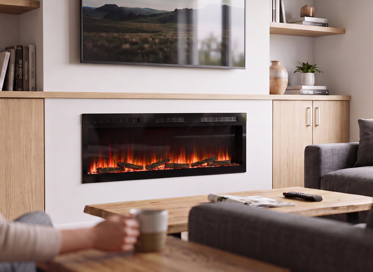 Dimplex Sense 60 elektrische inbouwhaard met vlameffect in een modern ingerichte woonkamer