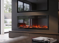 Dimplex Sense 60 elektrische haard met vlambeeld, ingebouwd onder een televisie in een moderne woonkamer.
