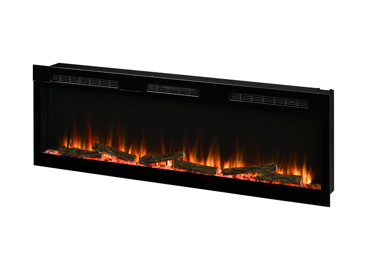 Dimplex Sense 60 elektrische inzethaard met vlameffect en houtblokken op witte achtergrond
