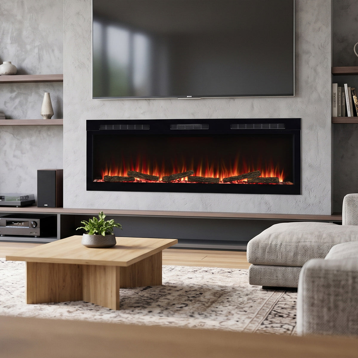 Dimplex Sense 60 elektrische haard met vlammeneffect in een moderne woonkamer