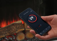 Dimplex Spark 28-app op smartphone toont temperatuurregeling bij brandende haard