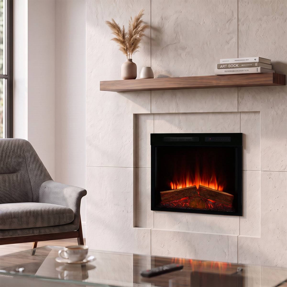 Dimplex Spark 28 ingebouwd in een moderne woonkamer met sfeervolle vlammen