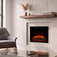 Dimplex Spark 28 ingebouwd in een moderne woonkamer met sfeervolle vlammen