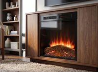 Dimplex Spark 28 elektrische haard met vlammeneffect in een houten woonkamermeubel