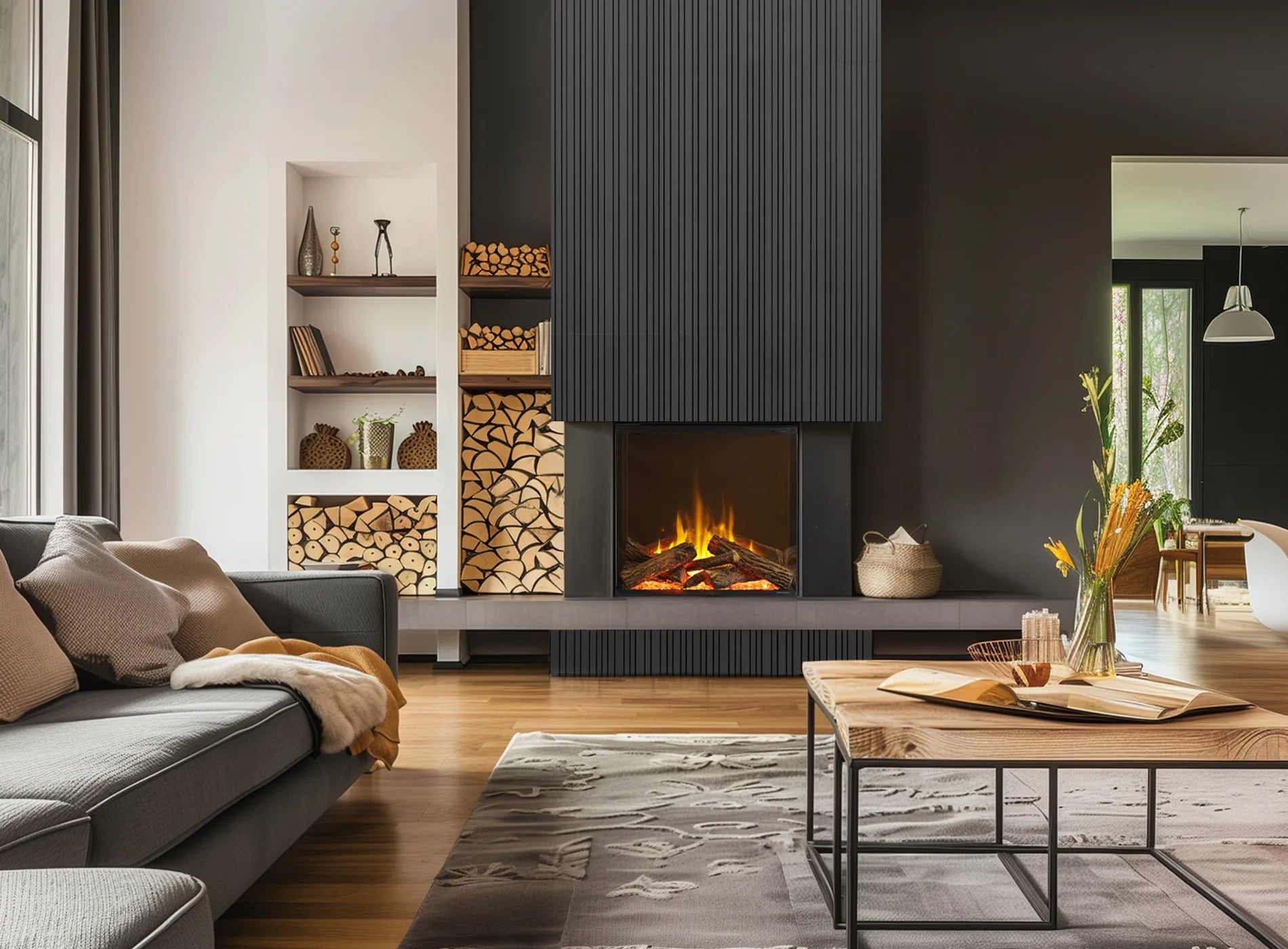 Gezellige woonkamer met Dimplex Aspire 30 haard, moderne inrichting en houtopslag.