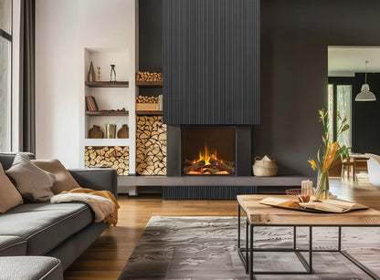 Gezellige woonkamer met Dimplex Aspire 30 haard, moderne inrichting en houtopslag.