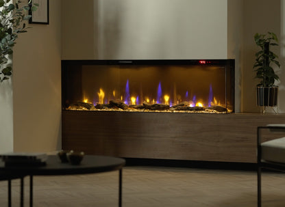 Dimplex Ignite Bold 60 elektrische haard met realistische vlammen in een moderne woonkamer.