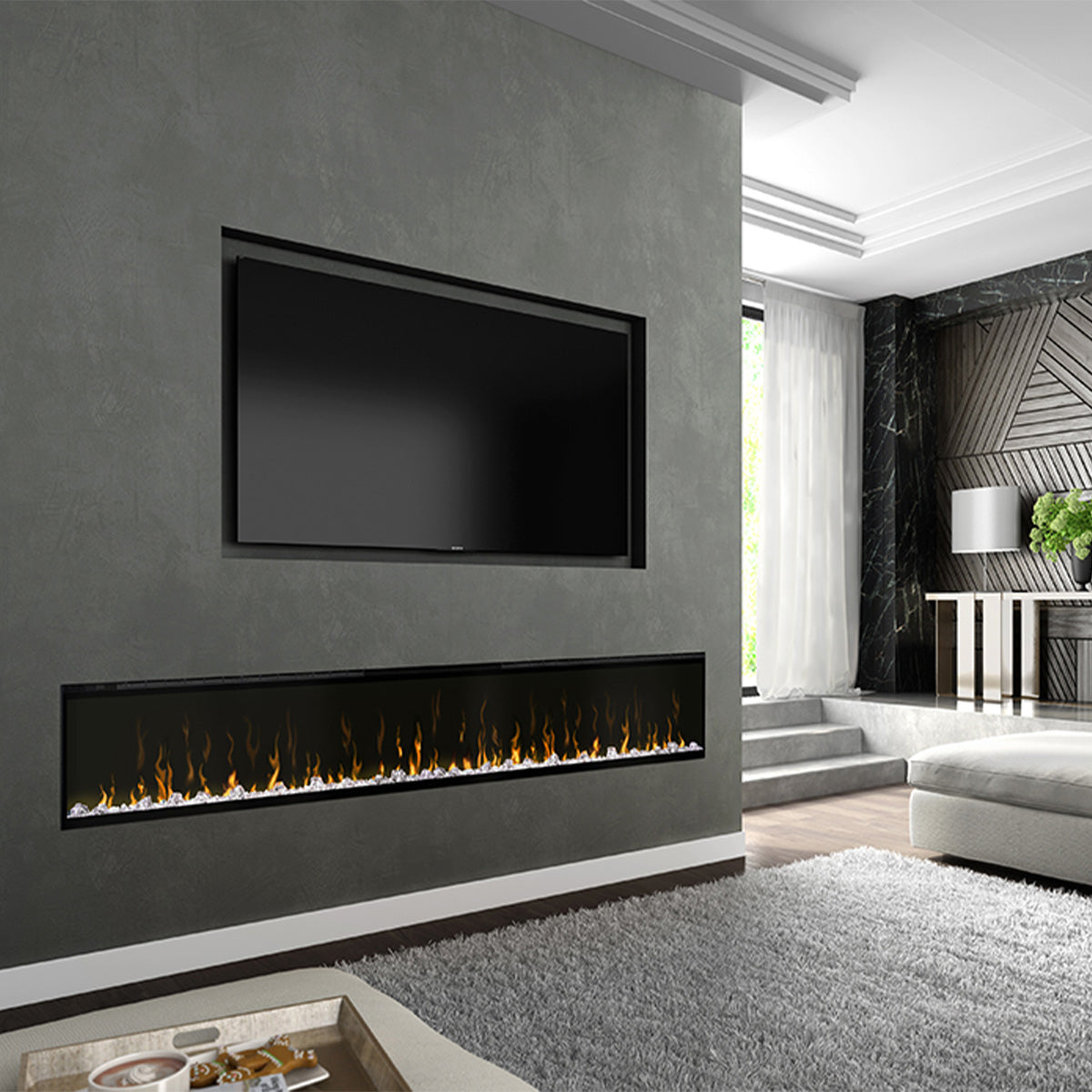 Dimplex Ignite XL 100" ingebouwd in moderne woonkamerwand met vlammen