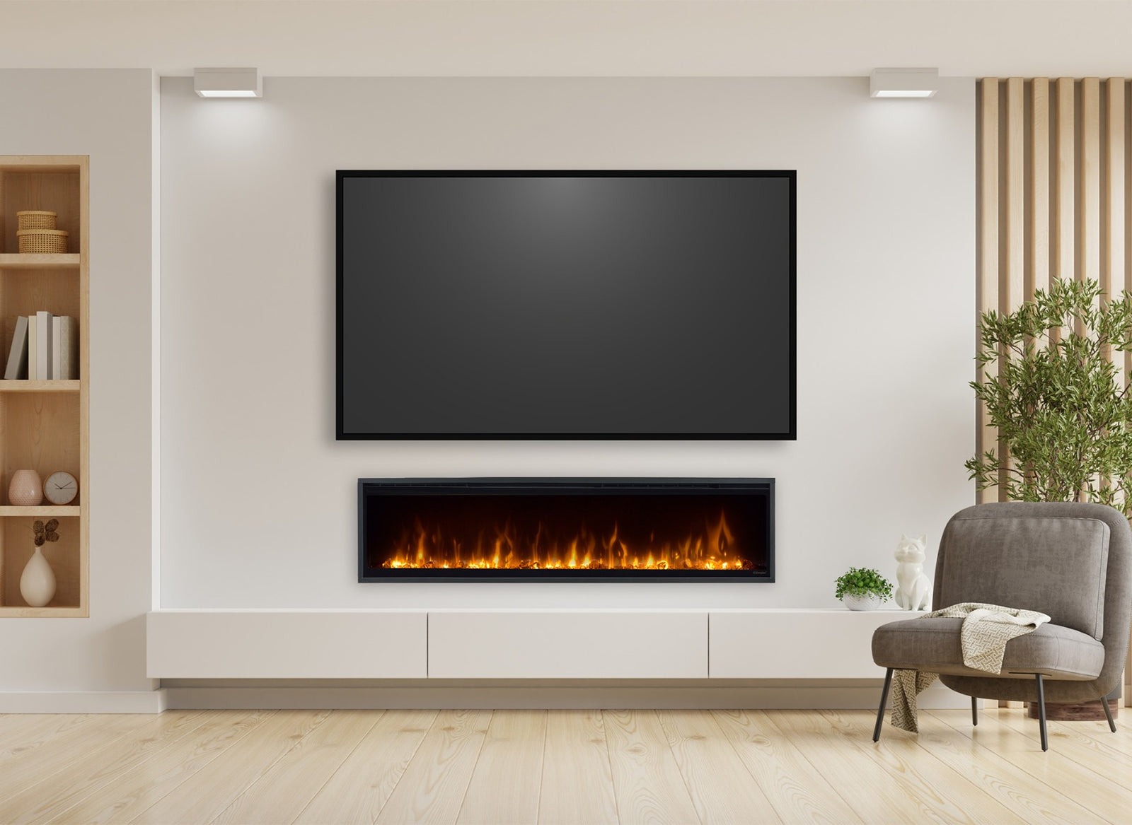 Dimplex Ignite XL 60 inch ingebouwd onder een tv in een moderne woonkamer