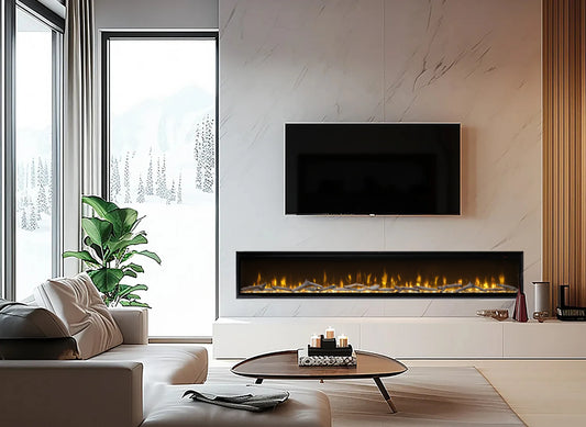 Dimplex Ignite Evolve 100 in moderne woonkamer met wandmontage en vlammen