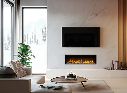 Dimplex Ignite Evolve 50 ingebouwd in moderne woonkamer onder televisie