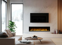 Dimplex Ignite Evolve 74 ingebouwd in moderne woonkamer, met vlammen