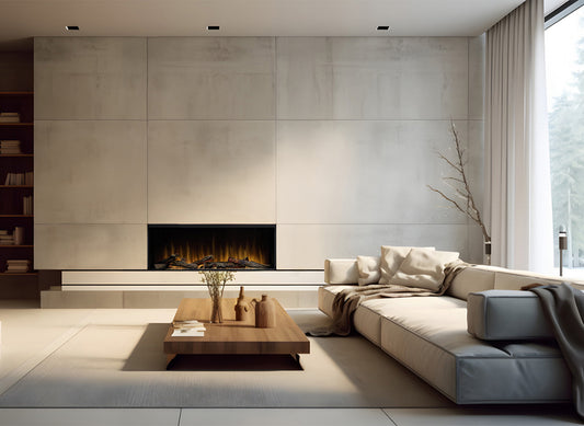 Dimplex Ignite Ultra 40 in moderne woonkamer, ingebouwde haard met vlammen