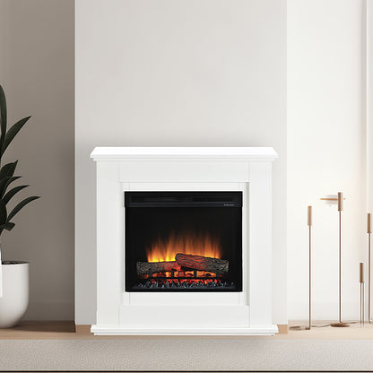 Dimplex Unity elektrische haard in een witte mantel, met realistisch vlameffect en houtblokken.