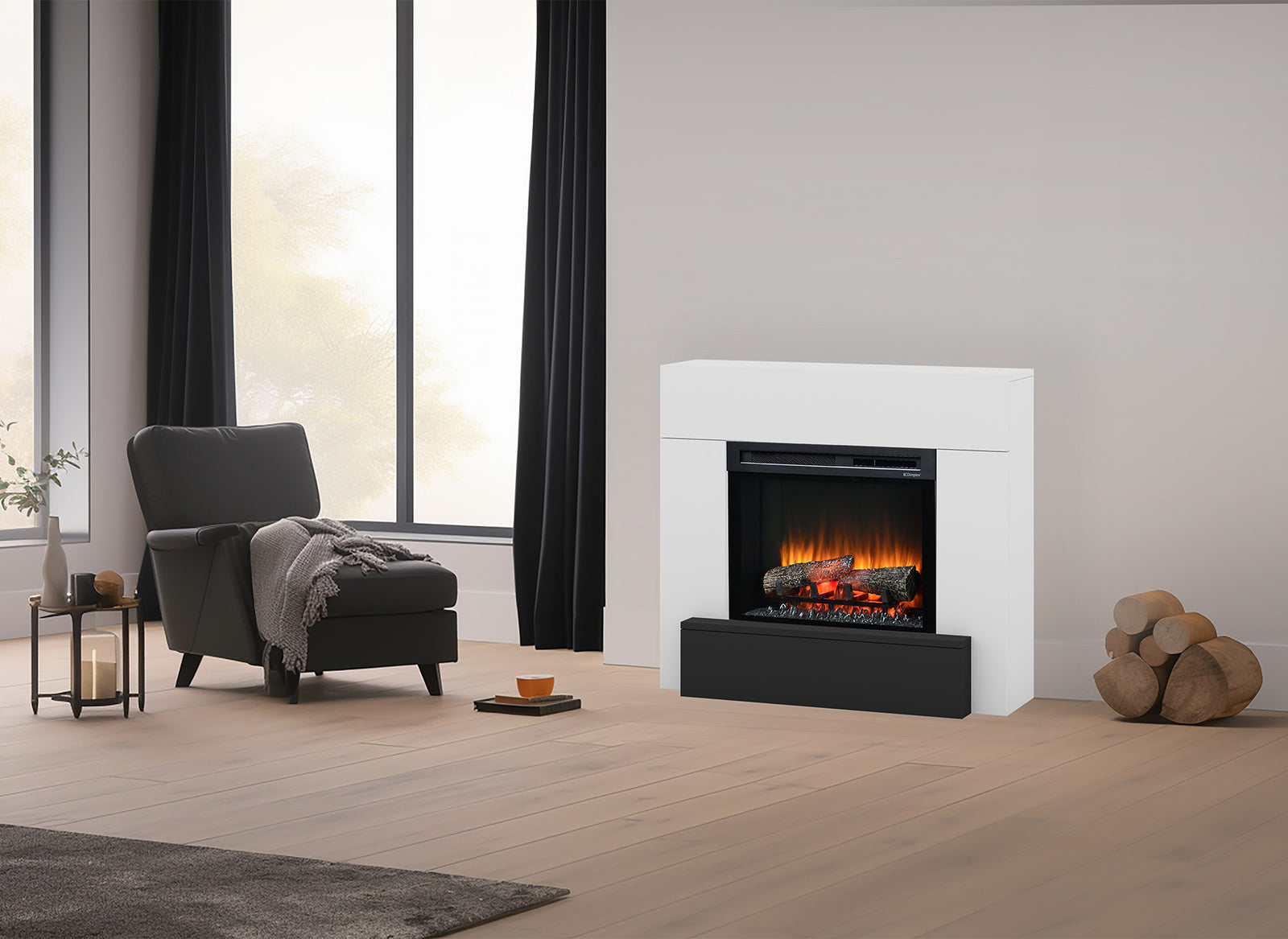 Dimplex Vigor in moderne woonkamer met witte haard en vlammen