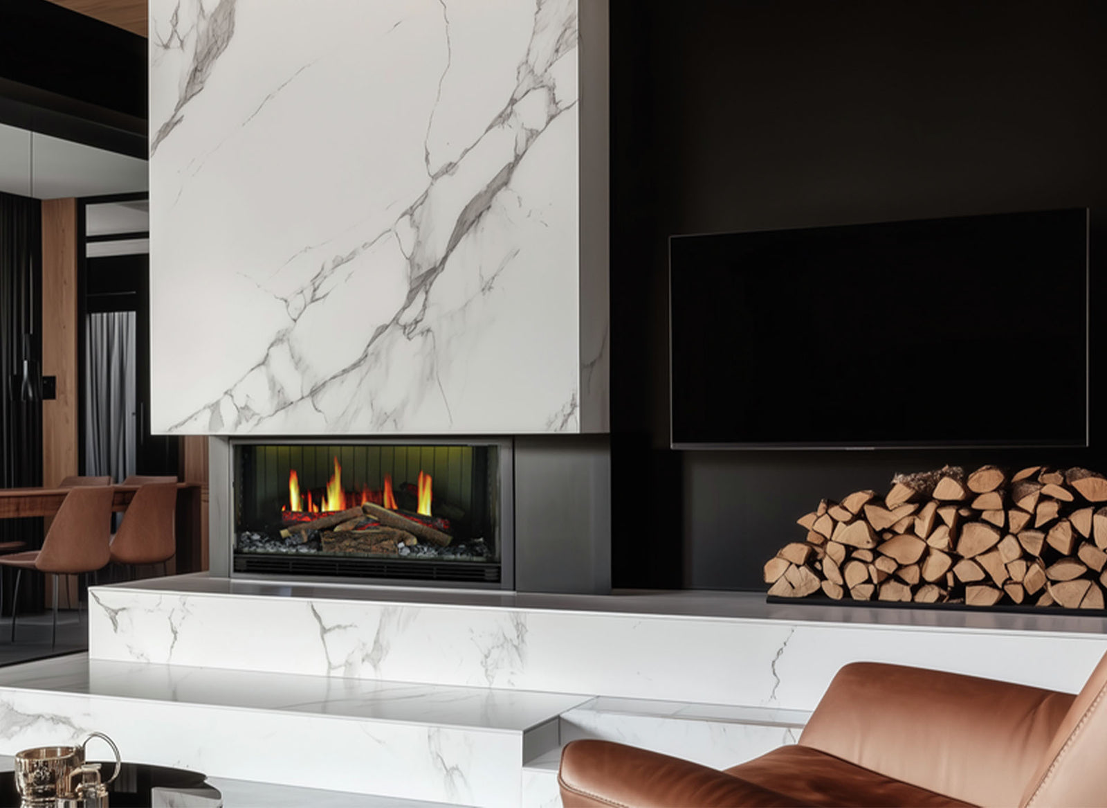 Dimplex Opti-V Vista 70 III ingebouwd in moderne woonkamer met vlammen en houtstapel