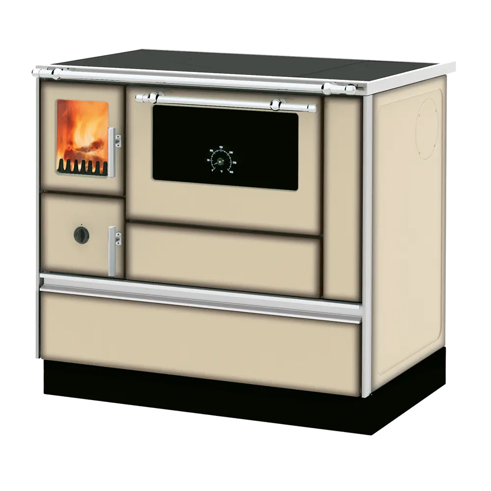 Alfa Plam Dominant 90 beige kookkachel met ruit en brandend vuur