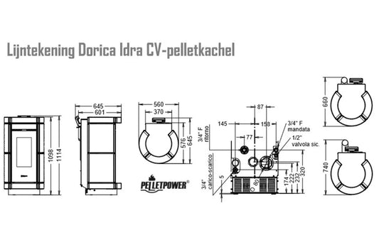 Lijntekening van de Thermorossi Dorica Maiolica pelletkachel met gedetailleerde afmetingen en aansluitingen.