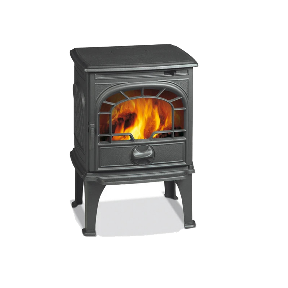 Dovre 250CBS houtkachel met brandend vuur op witte achtergrond