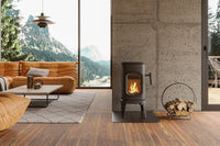 Dovre SAGA 101 houtkachel in een moderne woonkamer, met brandend vuur