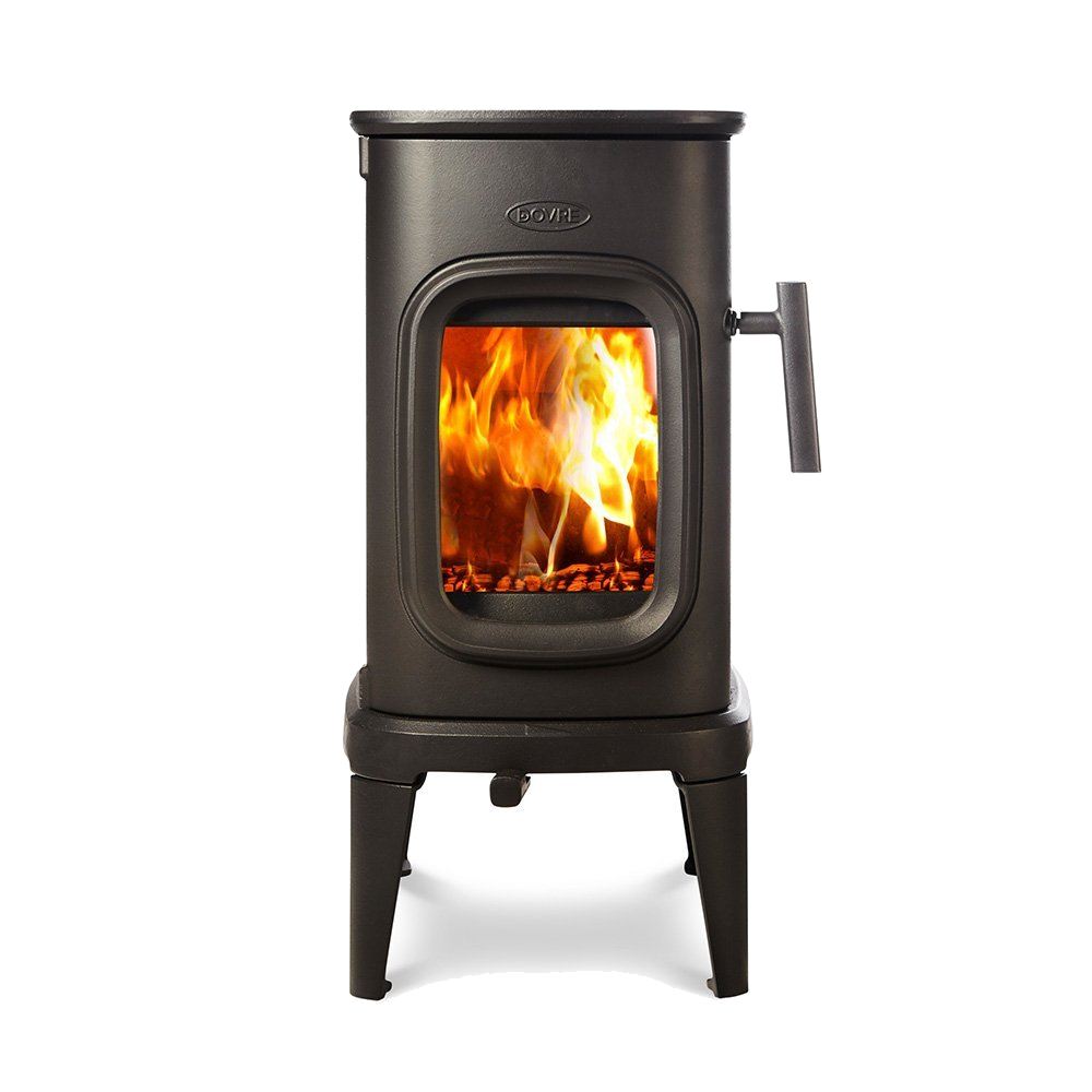 Dovre SAGA 107 houtkachel met brandende vlammen op witte achtergrond