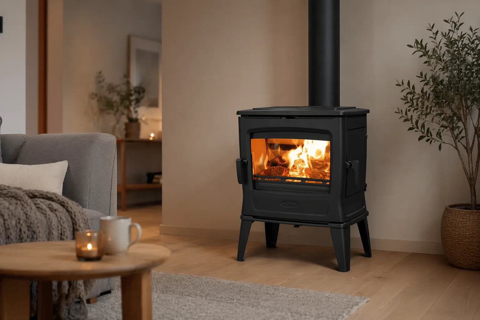 Dovre TAI45WD houtkachel in woonkamer met brandend vuur
