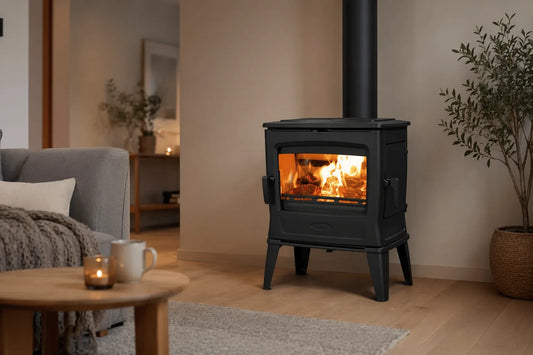 Dovre TAI45WD houtkachel in woonkamer met brandend vuur