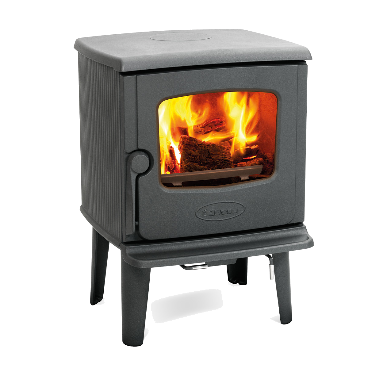 Dovre 325CB houtkachel met brandend vuur en grijze behuizing