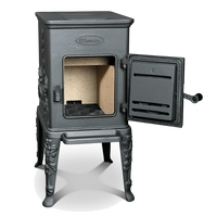 Dovre 100CBS/B houtkachel met open deur, geïsoleerde binnenkant