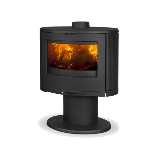 Dovre BOW/P houtkachel met zichtbare vlammen, op witte achtergrond