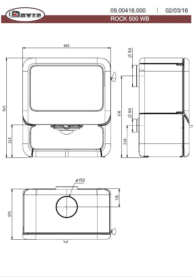 Technische tekening van de Dovre Rock500 WB houtkachel met afmetingen en zijaanzichten.