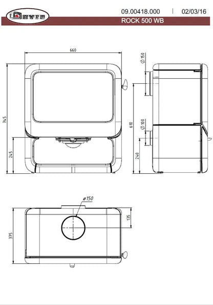 Technische tekening van de Dovre Rock500 WB houtkachel met afmetingen en zijaanzichten.