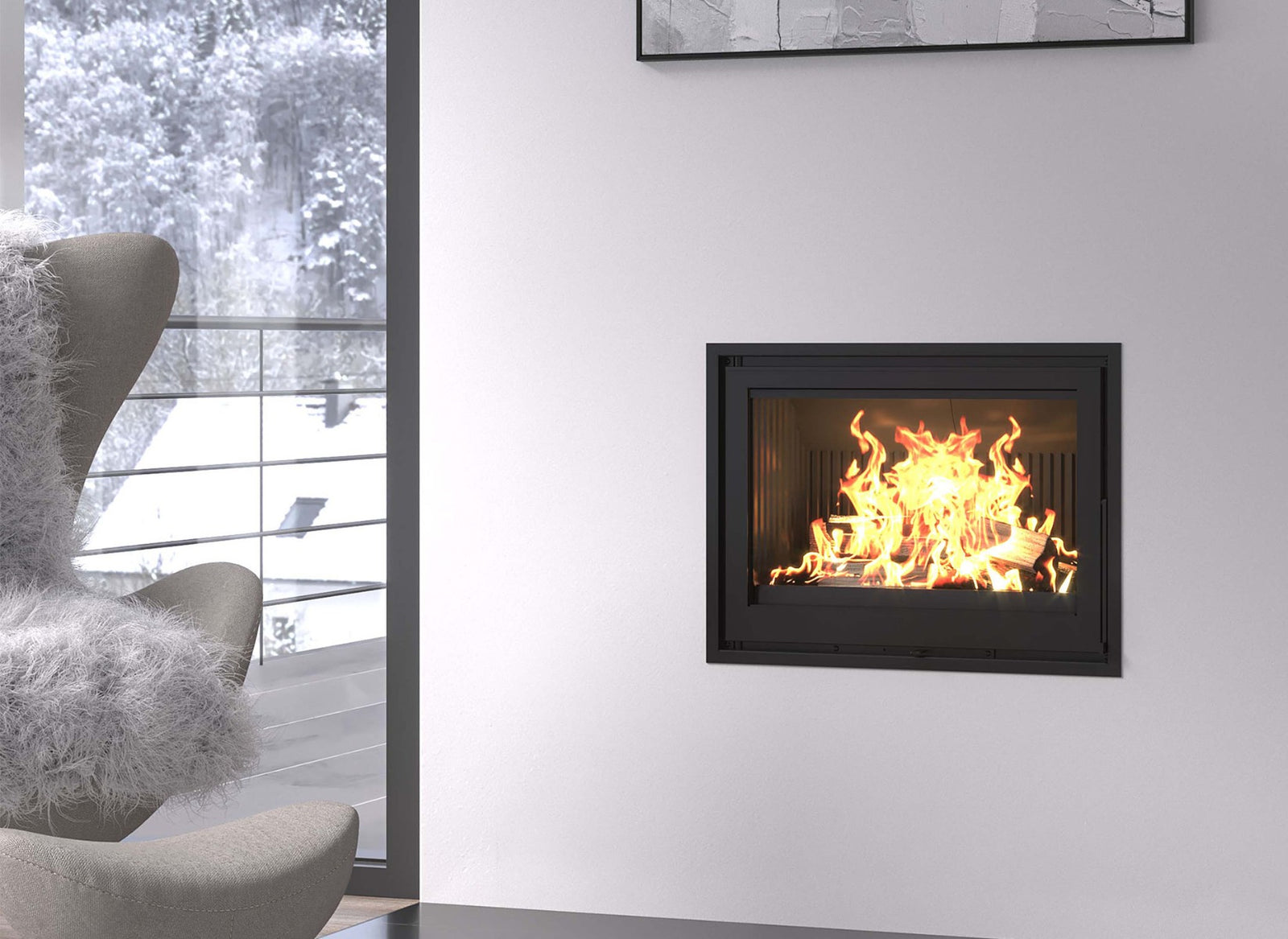 Dovre Vista 801I in zwarte inbouwhaard in moderne woonkamer met brandend vuur