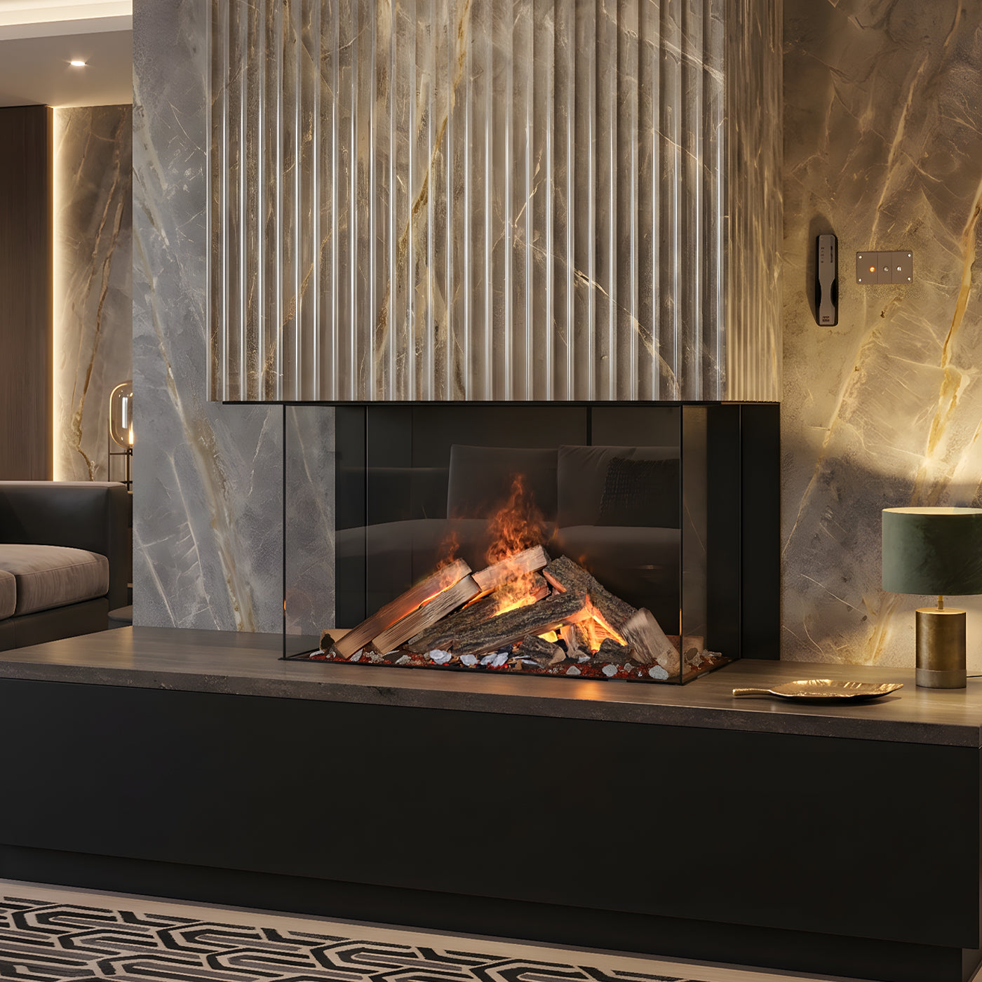 Dimplex e-MatriX 800/500 III Driezijdig ingebouwd in moderne woonkamer met realistische vlammen