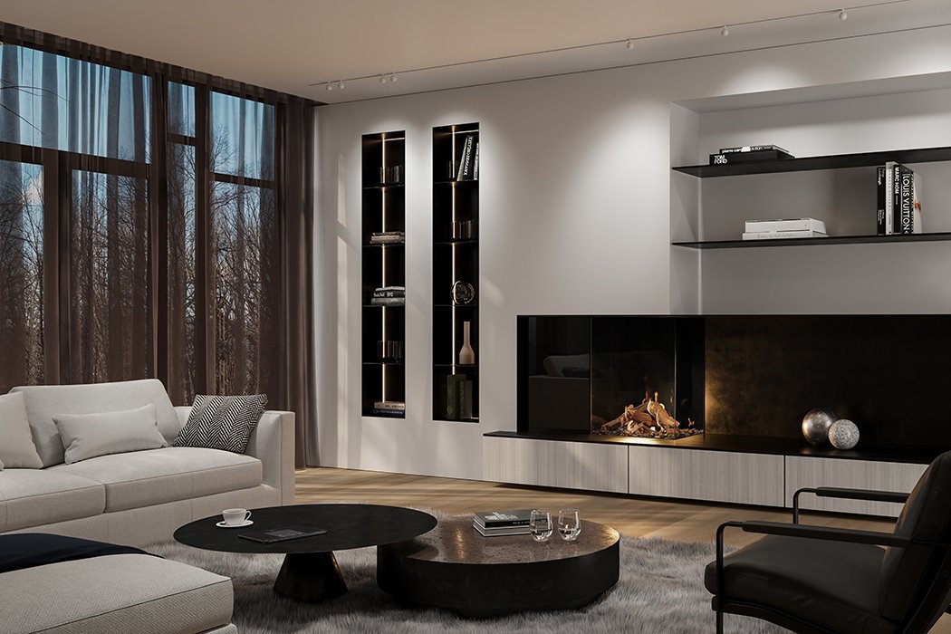 DRU Maestro 60/2 Tall Eco Wave in moderne woonkamer met ingebouwde haard