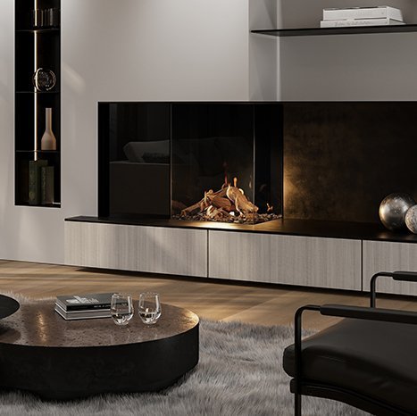 DRU Maestro 60/2 Tall Eco Wave in moderne woonkamer met brandend haardvuur