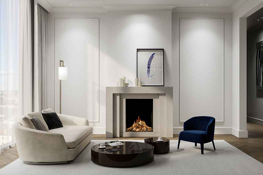 DRU Maestro 60 Tall Eco Wave in een stijlvolle woonkamer met brandend haardvuur