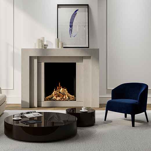 DRU Maestro 60 Tall Eco Wave in moderne woonkamer met brandend vuur